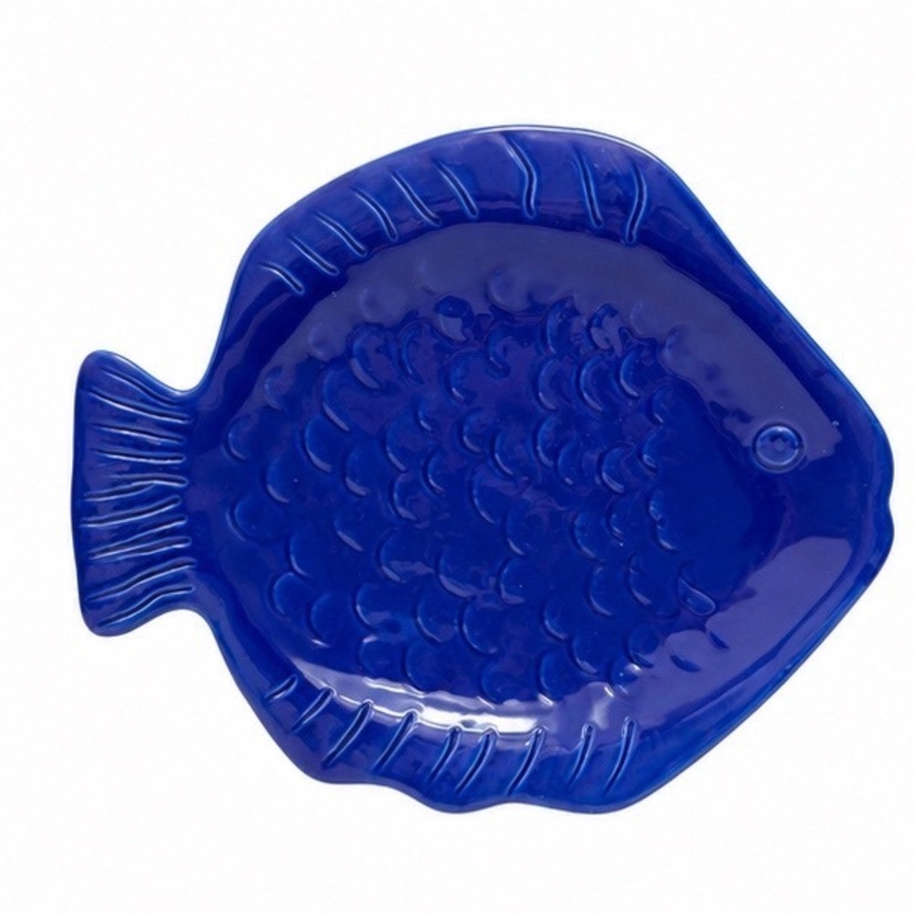 Home Studio Coastal Collection Cobalt Blue Ceramic Fish Shaped Serving Plate 10"